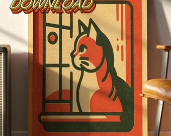 Mid-Century Modern Cat Art Print: Retro Window Design (Digital Download)
