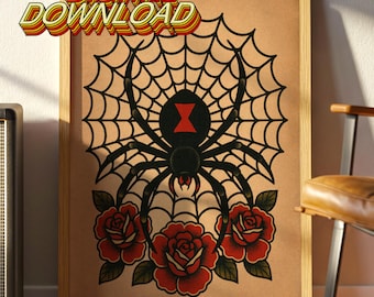Black Widow Spider & Roses Tattoo Flash Digital Download – Old School American Traditional Tattoo Art