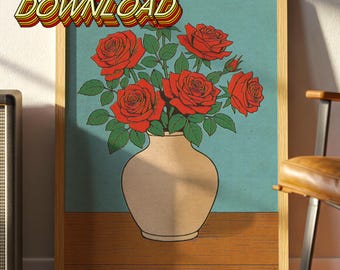 Vintage Roses in Vase Print: Retro Pop Art Floral (Digital Download)