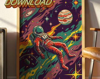 Retro Astronaut Art, Psychedelic Space Poster, Cosmic Planet Print, Vintage Sci-Fi Decor (Digital Download)