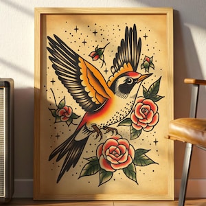 Swallow Bird Tattoo Flash Poster: Vintage American Traditional Ink Art