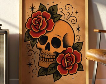 American Traditional Skull Roses Print | Vintage Tattoo Flash Wall Art