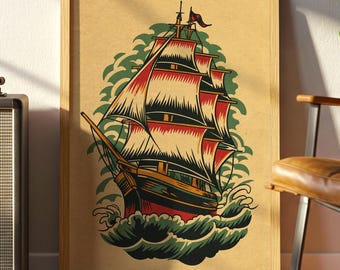 Sailor Ship Tattoo Art Print: Classic Nautical Flash Artwork