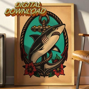 Traditional Tattoo Shark & Anchor Digital Download,  Nautical Flash Art with Flowers and Anchor, Printable Digital Download