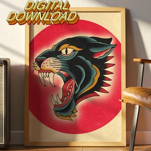 Panther Tattoo Flash Art Print: Retro American Traditional (Digital Download)