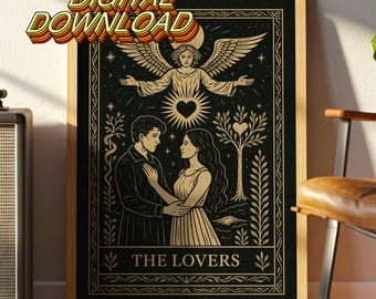 The Lovers Tarot Card Digital Download – Vintage Gothic Wall Decor, Celestial Angel Lovers