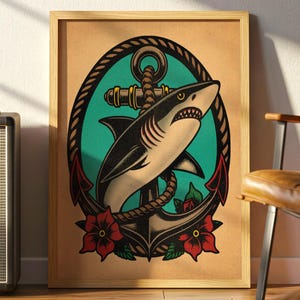 Traditional Tattoo Shark & Anchor Poster, Nautical Flash Art with Flowers and Anchor, Bold Old School Marine Design, Premium Matte Paper