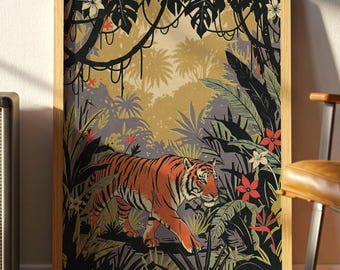 Stampa vintage di tigre nella giungla: arte murale retrò con safari botanico