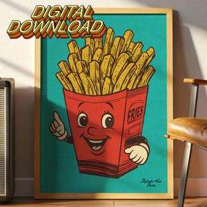 Retro French Fries Digital Download, Vintage Pop Art Fast Food Print, Smiling Cartoon Fry Box Wall Art, Printable Digital Download
