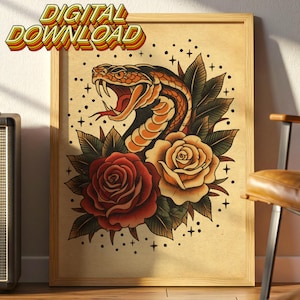 Traditionelles Cobra Tattoo Flash, digitaler Download, Cobra & Roses Design, mutige Oldschool Schlange Tattookunst, druckbare digitaler Download