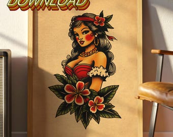 Hawaiian Pin-Up Art Print: American Traditional Tattoo Flash (Digital Download)