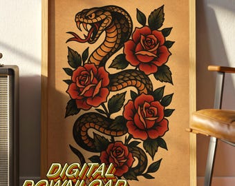 Snake and Roses Tattoo Art Digital Download – Vintage Cobra Flash Poster