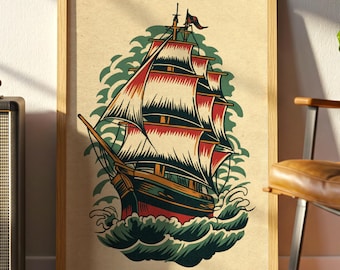 Sailor Ship Tattoo Art Print: Classic Nautical Flash Artwork