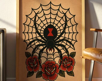 Black Widow Spider & Roses Tattoo Flash Poster – Old School American Traditional Tattoo Art Print