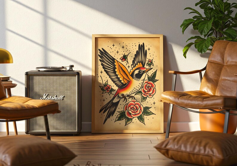 Swallow Bird Tattoo Flash Poster: Vintage American Traditional Ink Art ...