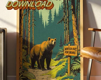 Vintage Bear Forest Print: Retro Wilderness Wall Art (Digital Download)