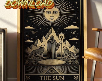 Impresión vintage del Tarot del Sol (descarga digital): Lobos Místicos (imágenes ocultas)