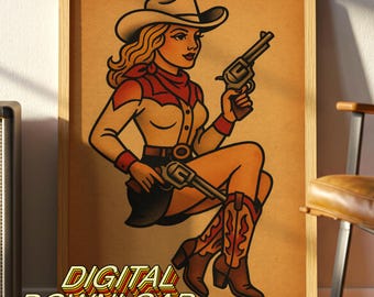 May include: A framed digital download print featuring a vintage-style illustration of a cowgirl. The cowgirl is depicted with blonde hair, a cowboy hat, and boots, holding two revolvers. The print has a tan background with the words "DIGITAL DOWNLOAD" at the bottom.