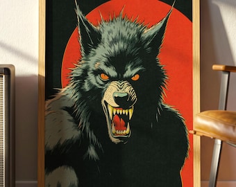 May include: Framed art print depicting a snarling werewolf with orange eyes and sharp teeth against a red circular backdrop. The artwork is in a vintage comic book style, with a black and grey colour palette.