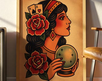 Vintage spåkvinnatryck – amerikansk traditionell tatuering i flashstil med rosor och kristallkula