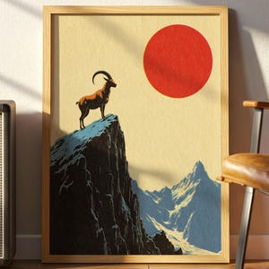 Vintage Mountain Goat Poster: Retro Wildlife Art Print with Red Sun