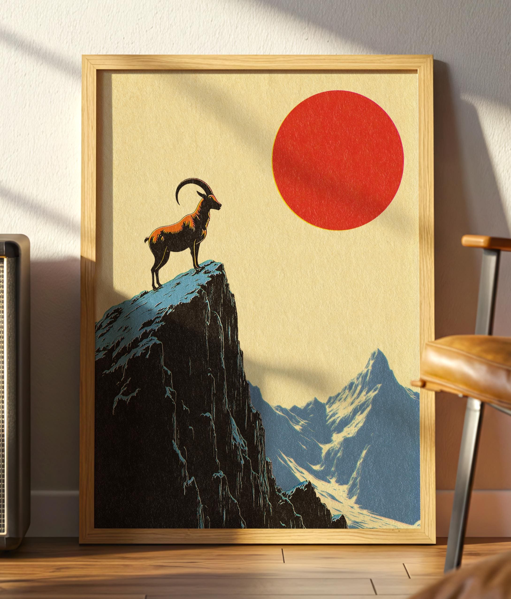 Vintage Mountain Goat Poster: Retro Wildlife Art Print With Red
