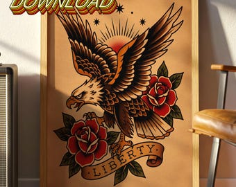 Eagle Rose Liberty Tattoo Art Print, Vintage American Traditional Poster (Digital Download)