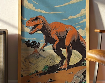 Vintage Dinosaur Poster – Retro T-Rex Art Print with Volcano Eruption