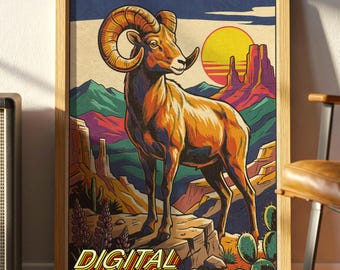 Vintage Bighorn Sheep Poster | Southwestern Desert Wildlife Art Print Digital Download