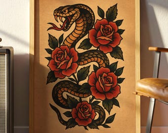 Snake and Roses Tattoo Art Print – Vintage Cobra Flash Poster