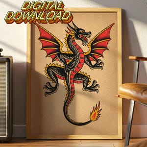 Traditional Tattoo Flash Dragon Digital Download, Bold Red and Black Vintage Style Art Print, American Traditional Tattoo, Digital Download