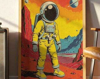 May include: A framed print featuring a retro-style illustration of an astronaut in a yellow spacesuit, standing on a red planet. The background includes a yellow and orange sky, blue mountains, and a planet with rings.