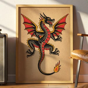 Traditional Tattoo Flash Dragon Poster, Bold Red and Black Vintage Style Art Print, American Traditional Tattoo, Premium Matte Poster