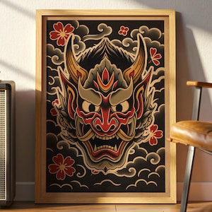 Oni Mask Tattoo Flash Poster, Japanese Demon Mask, Traditional Irezumi Print, Vintage Tattoo Style, Premium Matte Poster