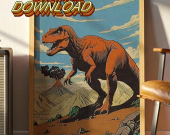 Vintage Dinosaur Digital Download – Retro T-Rex Art Print with Volcano Eruption