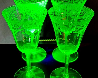 Vintage Uranium Glassware – Cambridge Etch #520 - Fostoria - Water/Wine Goblets, Champagne Glasses, Plates, Bowls, Platters ETC.