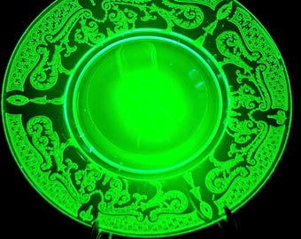 Vintage Uranium Glassware – Cambridge Etch #520 - Fostoria - Water/Wine Goblets, Champagne Glasses, Plates, Bowls, Platters ETC.