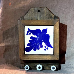 Vintage Wood Mail Holder Key Rack | Mexican Blue Bird Tile |Wall Organizer | Antique Porcelain Knobs | Entryway Mail Cubby