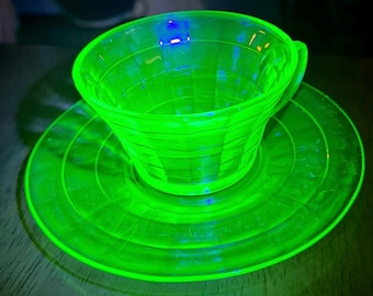Uranium Glass Block Optic Teacup & Saucer