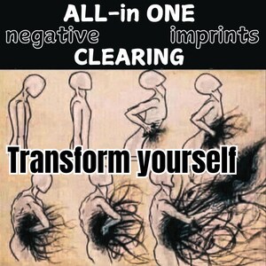 Pode incluir: Uma série de desenhos em preto e branco que representam uma pessoa a libertar-se de impressões negativas. O texto "ALL-in ONE negative imprints CLEARING" está no topo da imagem. O texto "Transform yourself" está na parte inferior da imagem.