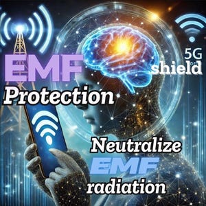 Puede incluir: Una ilustración digital de una persona con un cerebro dentro de su cabeza, sosteniendo un teléfono inteligente con un símbolo de wifi. El texto "EMF Protection" está en morado, "5G shield" está en blanco y "Neutralize EMF radiation" está en azul.