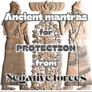 May include: Ancient mantras for protection from negative forces, depicted in a vintage illustration with two figures and a tree of life.