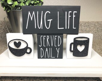 Mug Life Coffee Bar Tiered Tray Decor • Mini 3D Wooden Blocks • Farmhouse Decor • Rae Dunn Decor • Coffee Mugs • Wood Signs • Home Decor