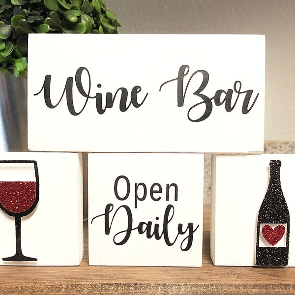 Wine Bar • Wine Glasses • Wine Bottle • Wooden Blocks • Tiered Tray Decor • Home Decor • Wine Bar Decor • Farmhouse •