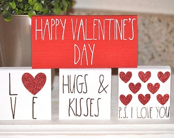 Rae Dunn Valentine’s Day Decor • Hugs & Kisses • Hearts • I Love You Decor • Tiered Tray Decor • Mini Wooden Blocks • Farmhouse Style •