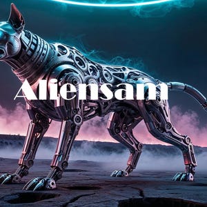 Könnte beinhalten: Ein metallischer, Roboterhund mit leuchtend blauen Augen steht auf einer felsigen, nebeligen Oberfläche. Der Hund besteht aus Zahnrädern und Metallteilen, und sein Schwanz ist eingerollt. Das Wort "Aliensam" ist in weißen Buchstaben über dem Körper des Hundes geschrieben.