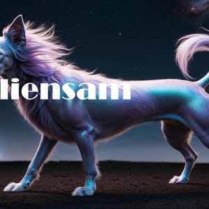Könnte beinhalten: Ein weißer Hund mit einer langen, fließenden Mähne aus lila und blauen Haaren. Der Hund hat leuchtend gelbe Augen und einen langen, gekräuselten Schwanz. Der Hund steht auf einer dunklen Oberfläche mit einem Galaxie-Hintergrund. Der Text "Aliensam" ist in weißen Buchstaben über dem Rücken des Hundes geschrieben.