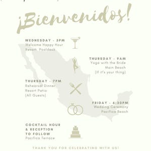 May include: A wedding itinerary card featuring a light green map of Mexico, palm leaf borders, and the text ¡Bienvenidos!. It lists events from Wednesday to Friday, including Welcome Happy Hour, Yoga, Rehearsal Dinner, Ceremony, and Reception for Mary & James.