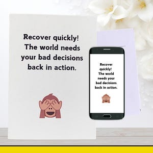 Afdrukbare grappige beterschapskaart | "De wereld heeft jouw slechte beslissingen nodig" | Directe digitale download + GRATIS e-card | Humoristische beterschapskaart