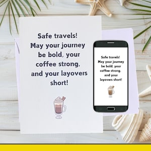 Grappige afdrukbare Bon Voyage-kaart | "Sterke koffie en korte tussenstops" | Directe digitale download + gratis e-card | Humoristische reisafscheidskaart